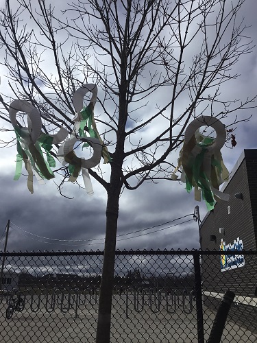 Children made kites in the tree outside 