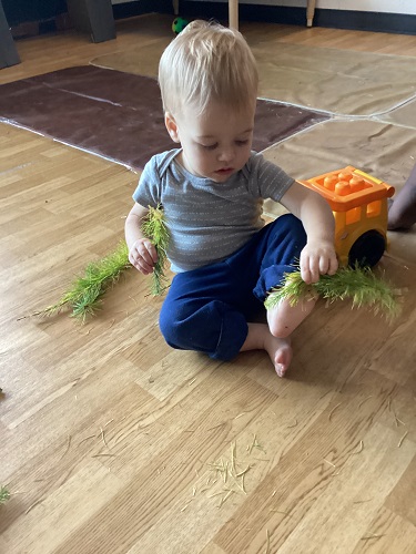An infant putting some long grass on his feet