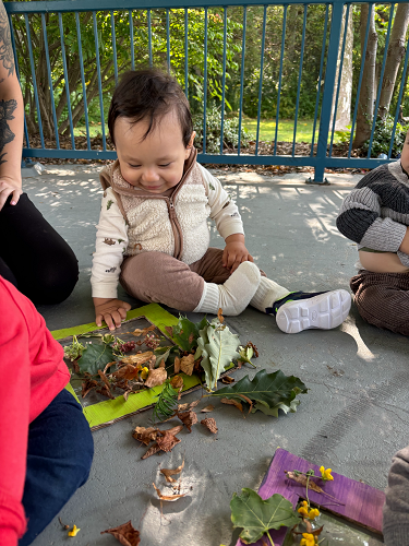 Children sitting in the gazebo using nature items to create artwork