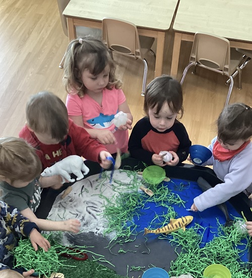 Children exploring the animal habitats in the tuff-tray.