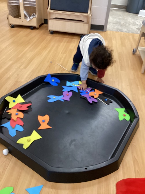 A child picking up a fish from the tuff-tray.