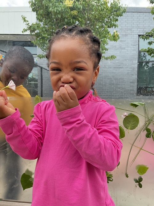 child smelling flower