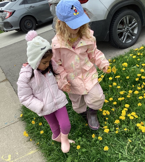 2 girls walking hand in hand while one hold some dandelions