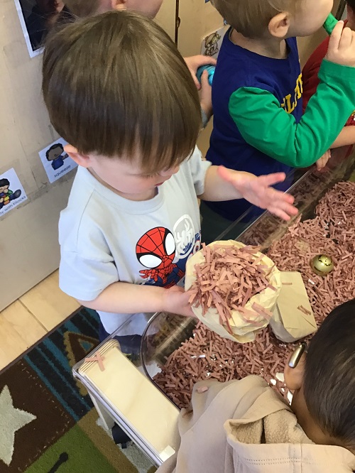 children playing in a bird nest themed sensory bin