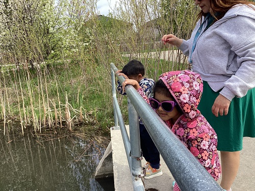 two children looking through the fence at the pond