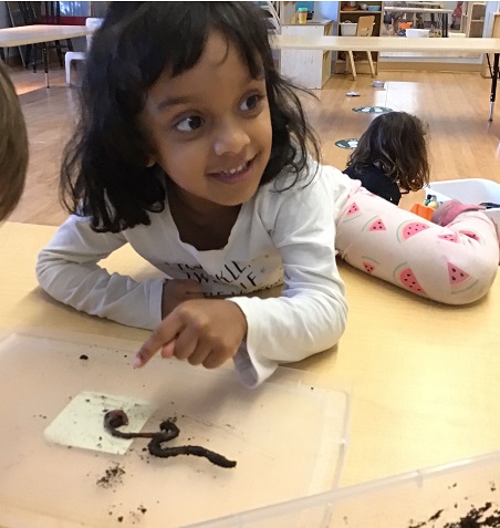 girl climbing a desk pointing to a worm on a table