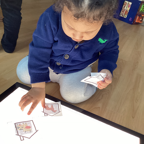 An infant child looking at photos on the light table